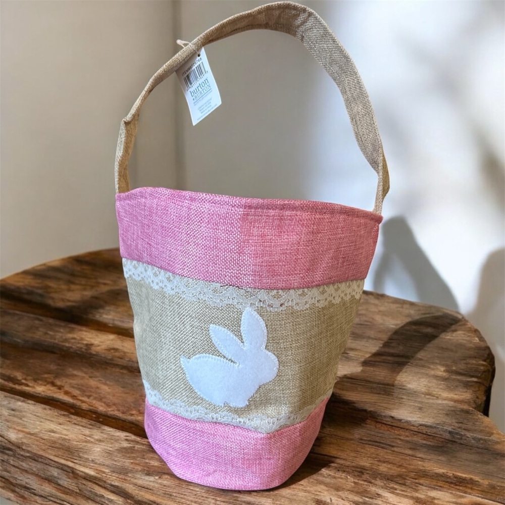 New!! Large Pink and Tan Bunny Basket - foldable easy carry